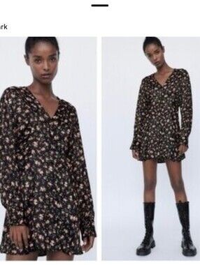 Zara Satin Floral Long Sleeve Button Front Mini Dress NWT